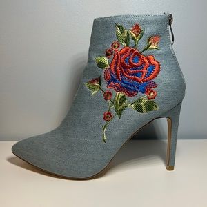 Cape Robbin | Light Blue Heeled Booties with Rose Embroidery